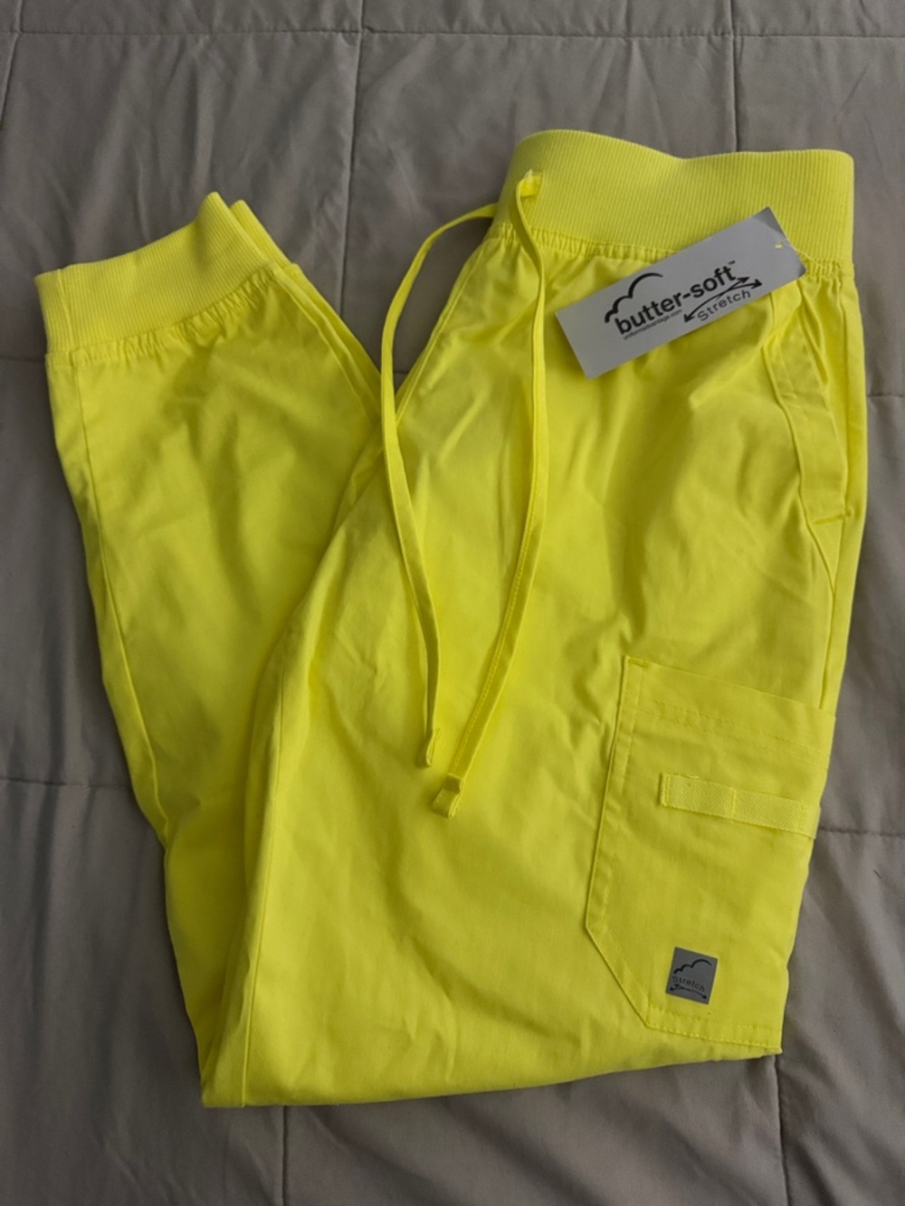 Butter-Soft neon yellow stretch cargo scrub pants